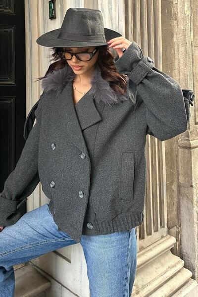 My Loore Women's Anthracite Fur Collar Cashmere Jacket