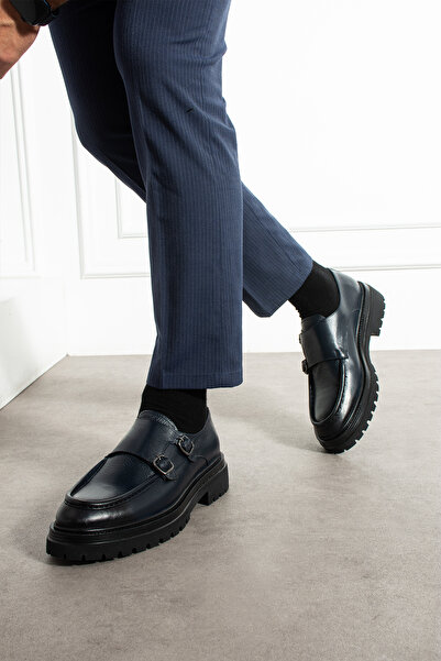 YAREL AYAKKABI Men's Navy Blue Genuine Leather Double Buckle Eva Sole Casual Shoes