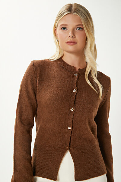 Ritnice Women's Donna Soft Textured Heart Buttoned Brown Knitwear Cardigan