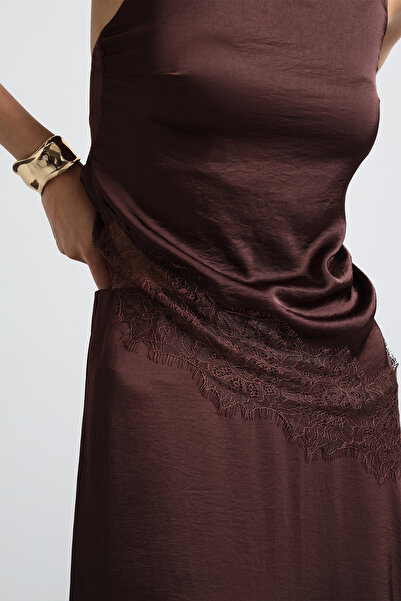 Mozto Celinor Lace Brown Maxi Satin Skirt