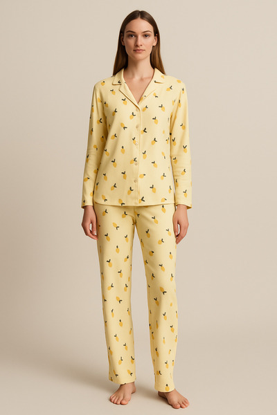 BONY SOCKS LİMON DESEN SÜET KADIN PİJAMA TAKIM Sarı
