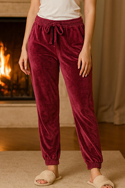 REMSA Women's Elastic Cuffs Pocket Detailed Velvet Fabric Single Bottom 503 Plum