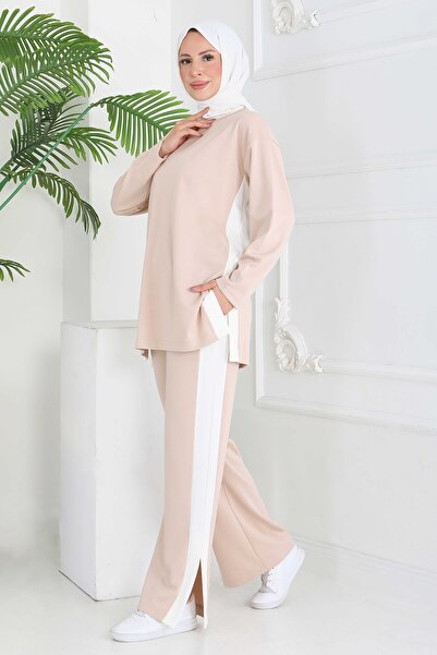 TOFİSA بقطع قماش مخيطة معاً شق كريم طقم مودال ثنائي - 28012-KREM