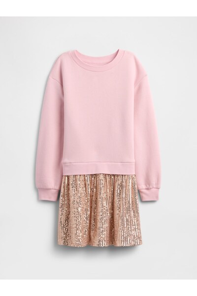 GAP Kız Çocuk Pembe Oversized Payetli Sweatshirt Elbisesi