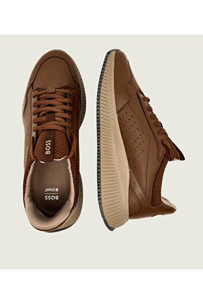 BOSS Men's Thick Heel Leather Laced Comfortable Sole Brown Sneaker 50553207-205