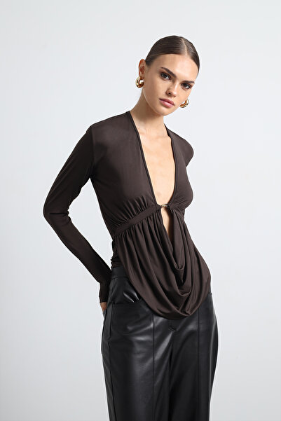 Mozto Marone Brown Degaje Collar Bodysuit with Buckle Detail