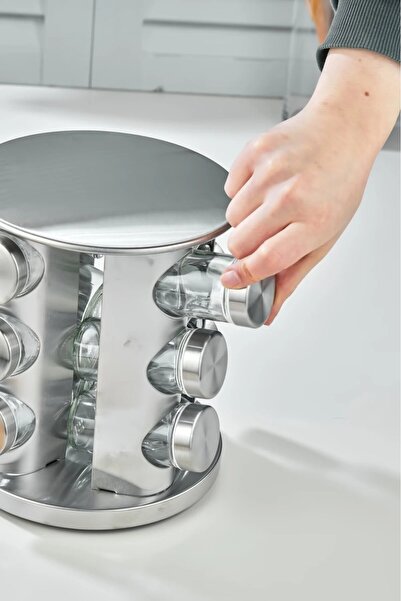 MAKRİ HOME 360 Rotatable Glass Spice Set with Stainless Steel Stand - 12-Piece Chrome Round