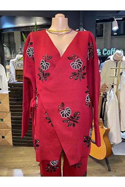 Miss Allos Women's Stone Embroidered Long Sleeve Side Tie Detail Top and Bottom Two-Piece Set