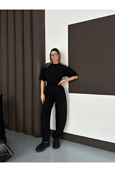 MODAMERSİ Women's Black Crew Neck Short Sleeve Crop Blouse Pants Two Piece Set