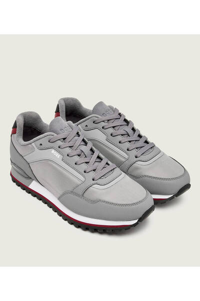 BOSS Men's Thick Heel Leather Lace-Up Comfortable Sole Gray Sneaker 50552914-036