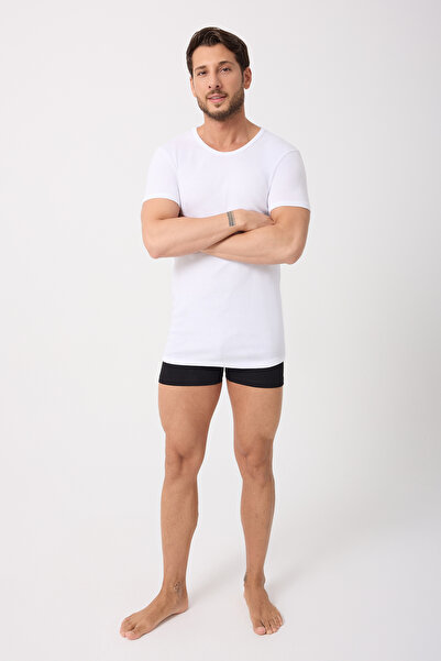 saac 2 Pcs White 100% Cotton Ribbed Thin B Piped Round Neck Short Sleeve Men's T-Shirt-Tank Top