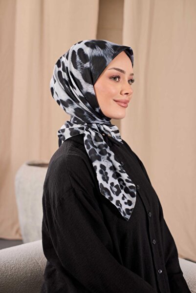İpekel Siyah Gri Leopar Desenli Pamuk Soft Eşarp