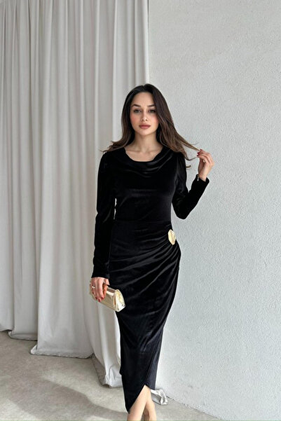 MODAMİNEM Women's Velvet Draped Midi Dress