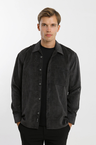 Smc by Semco Apaş Collar Single Pocket Buttoned Dark Anthracite Velvet Men's Shirt with Slit Detail
