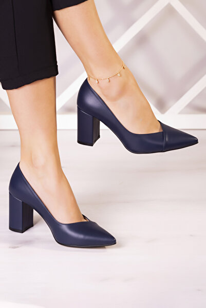 Erkan Saçmacı Belinda Lavivert Vegan Pointed Toe Thick Heeled Classic Shoes