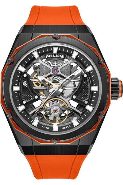 Police Automatic Men's Watch, Black Dial, Orange Silicone Strap, 45mm