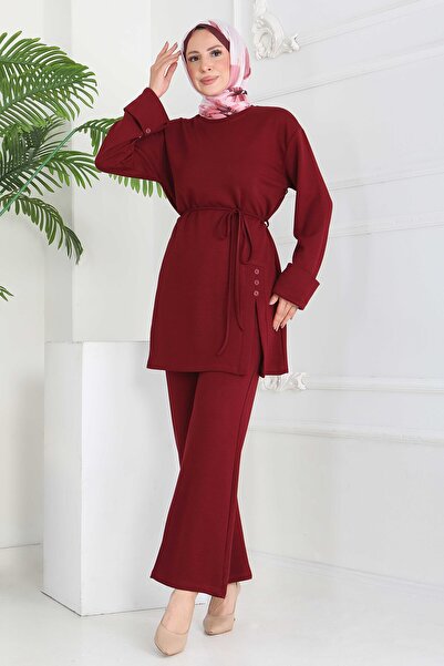 TOFİSA Button Detailed Modal Double Suit Burgundy - 28013-Bordo