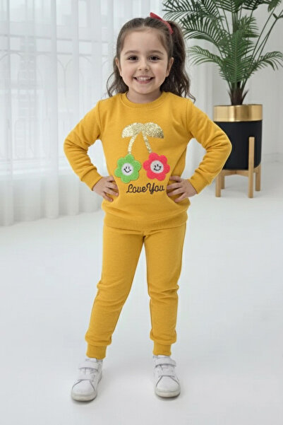 TOFİSA Girl's Mustard Embroidered Two-Thread Double Suit - 27973-Hardal