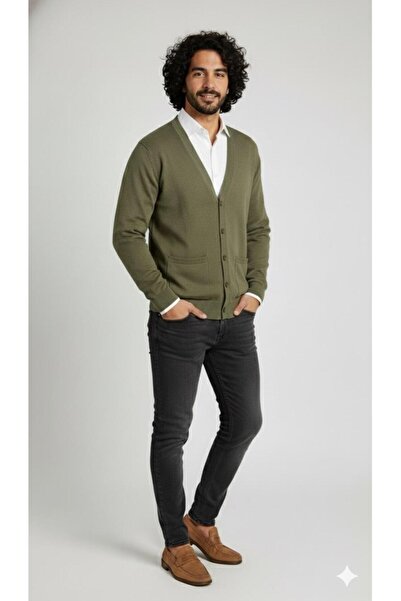 BAGİSTA BUTİK Men's Casual V-Neck Buttoned Pocket Detail Knitwear Cardigan