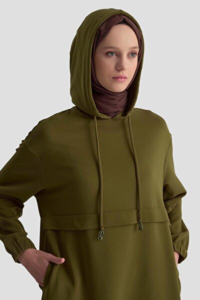 Armine TREND Hooded Tunic with Corded Fabric Side Pockets and Elasticated Sleeves Oil Green 25Kt462