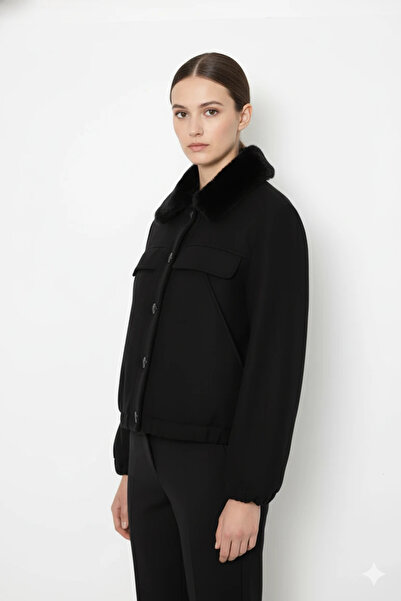 cemo Buttoned Short Faux Leather Jacket with Lamb Fur Collar