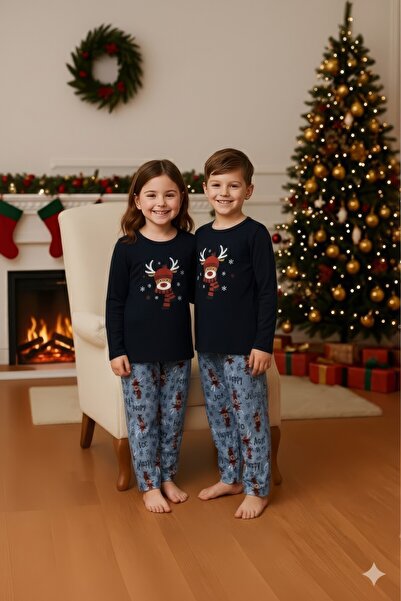 Serena Christmas Pajamas for Kids – Navy Blue Top and Grey Pants with Reindeer