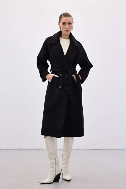 Sateen Tie-Waist Long Coat - Black