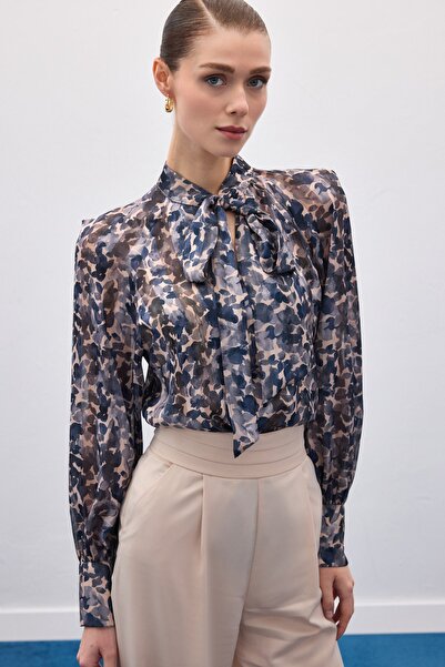 Sateen Scarf Detailed Blouse - Navy Blue