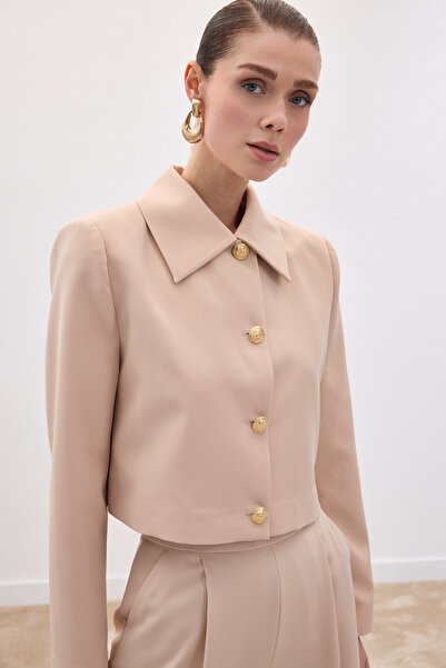 Sateen Buttoned Short Jacket - Beige