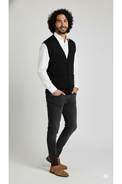 BAGİSTA BUTİK Men's Casual V-Neck Buttoned Pocket Detail Knit Vest