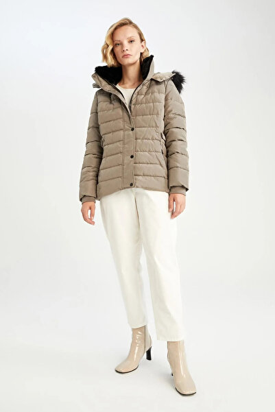 DeFacto Coat Waterproof Hooded Faux Fur Coat