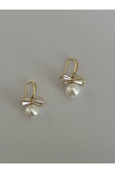 marsel aksesuar Special Series Pearl Ball Bow Model Stone Dangle Gold Earrings