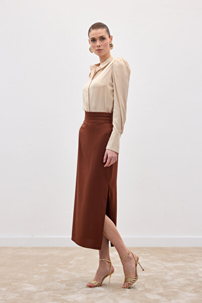 Sateen Satin Skirt with Pleated Detail - Brown