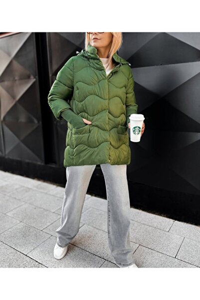 Brielle Women's Green Quilted Puffer Jacket with Hood, medium length