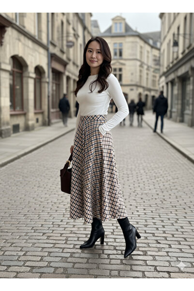 Nisan Triko Ekose Desenli Süet Midi Etek