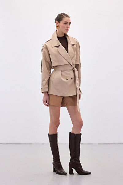 Sateen Short Trench Coat - Beige