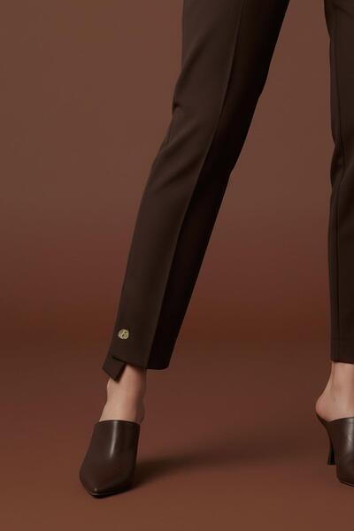 Puane Women's Trousers with Button Detail on the Legs -18277Pnt - Brown