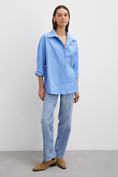 Never more Button Detailed Cotton Shirt Blue