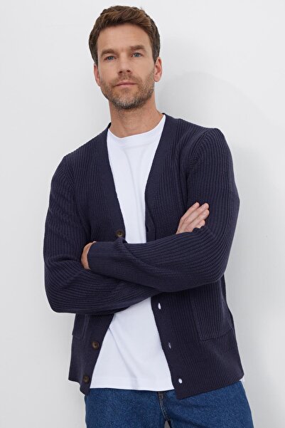 Tudors Men's standard fit regular cut v-neck buttoned navy cardigan