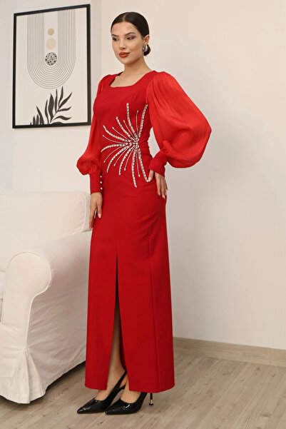 lodmela Stone Embellished Square Neck Balloon Sleeve Slit Evening Dress 2345-Red