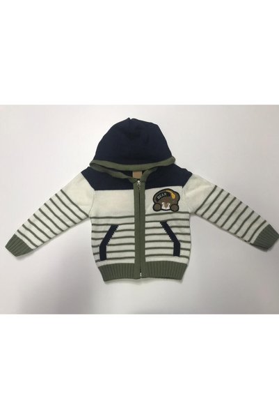 Baby Slon Kids Clup Kışlık triko çizgi desenli kapüşonlu fermuarlı cepli erke...