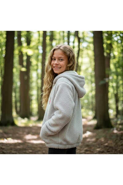 FESSHERA KİDS Girl's Coat Fleece-Lined Plush Hooded Coat Zippered Soft Teddy Bear Embroidered Fleece Coat