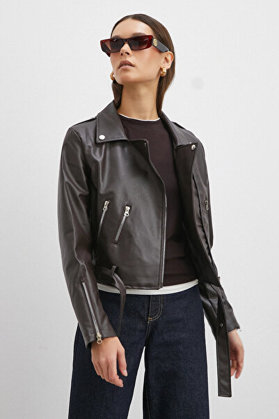 Never more Beli Belted Zippered Leather Jacket Brown
