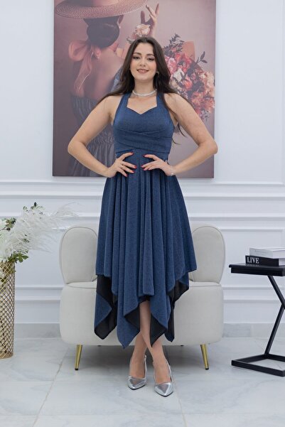 TREN Midnight Blue Halterneck Gown with Irregular Layered Hem and Shimmer Finish for Special Occasions