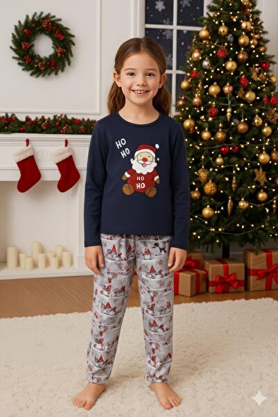 Serena Christmas Pajamas for Kids – Navy Blue Top and Grey Pants with Santa Claus
