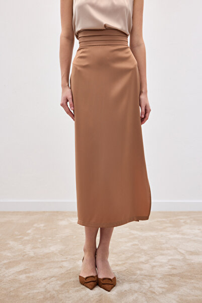 Sateen Satin Skirt with Pleated Detail - Camel