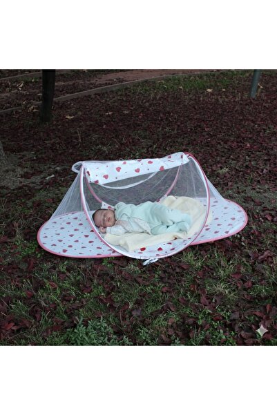 SerSev Çantalı Katlanabilir Bebek Cibinlik Gölgelik Çadırı 60x120 cm Kalp Desenli, Sinek ve Haşere Koruma