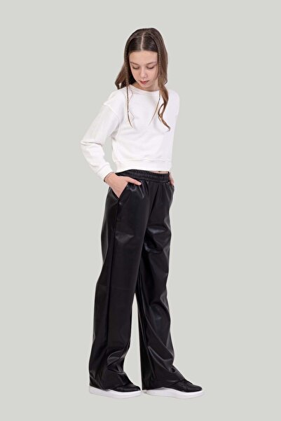 ww waka waka kids store Children's Black Leather-Look Wide Leg Trousers