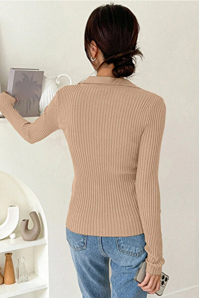 Tarz Cool Mustard Corded Fabric Polo Neck Knitwear Sweater