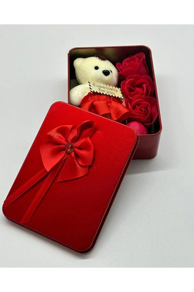 ebuuconcept Kırmızı Metal Kutu İçinde Peluş Ayıcık ve Gül Seti – Hediye Kutus...